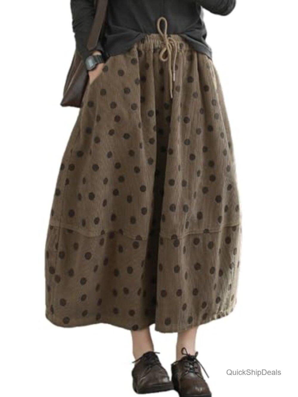 Women's Corduroy Midi Skirt High Rise A-Line Polka Dot Pleated Long Flowy
